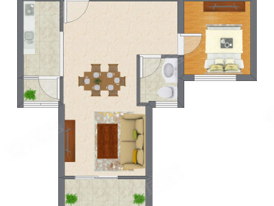 1室2厅 60.21平米户型图