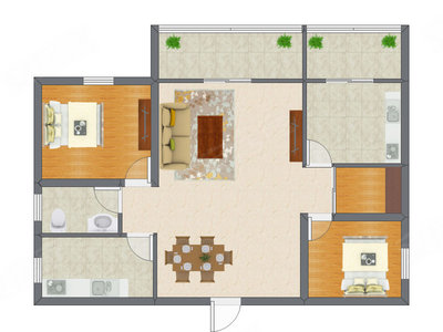 2室2厅 88.61平米户型图