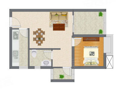 1室2厅 44.65平米户型图