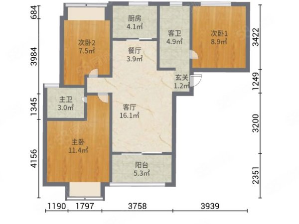 88平小三室户型图图片