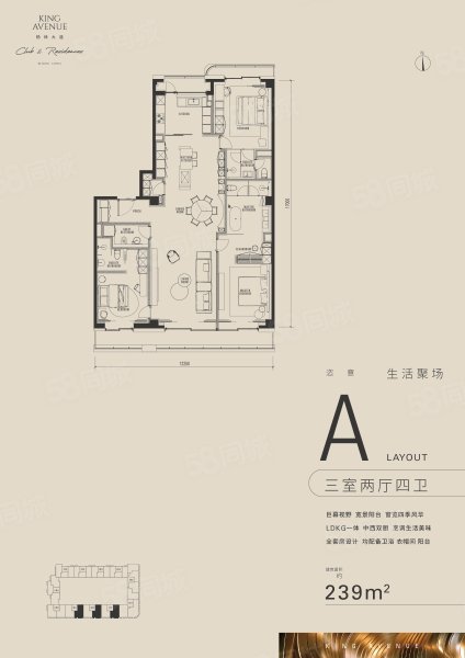 楊林大道 KING AVENUE3室2廳4衛(wèi)239㎡南北2127萬