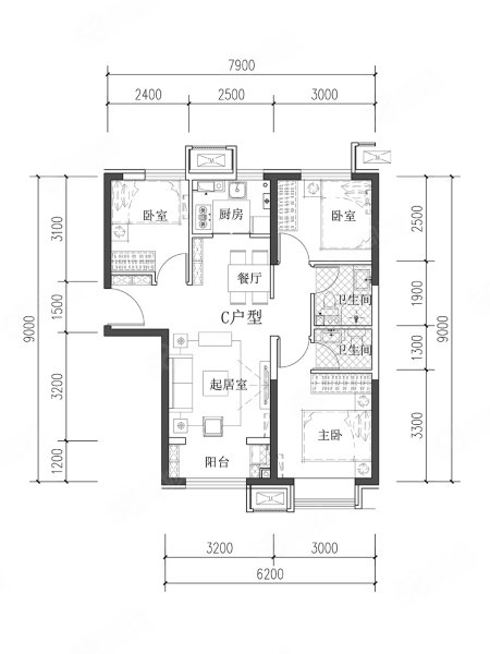 住總興創(chuàng)·如遇3室2廳2衛(wèi)89.8㎡南北240萬