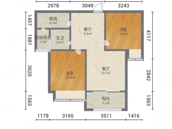 75平方两室一厅户型图图片