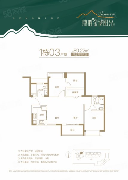 鼎胜金域阳光家园2室2厅2卫89.22㎡东南789万