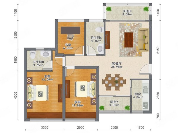 3室2厅2卫  电梯房 豪华装修 98平米出租房源真实图片