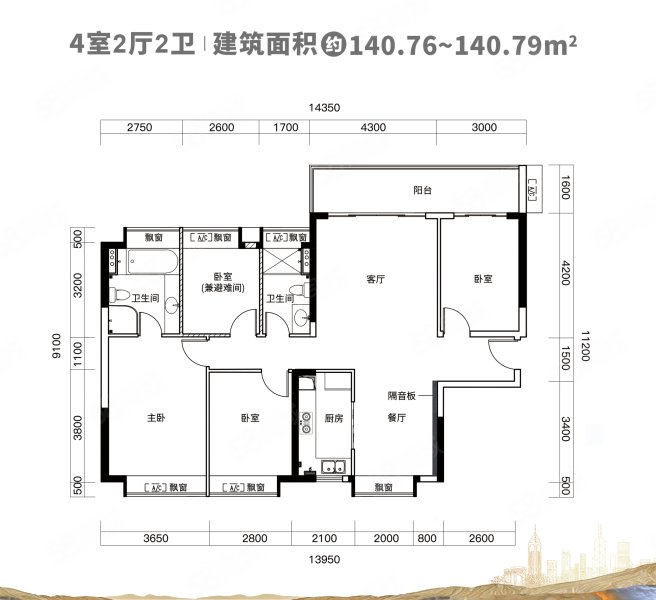 珠江四季悦城(新房)4室2厅2卫140.76㎡南197万