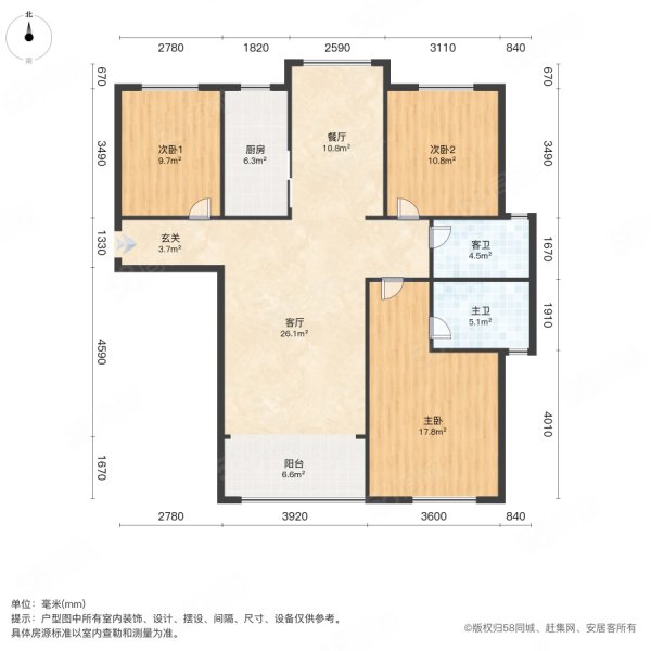 世纪花园3室2厅1卫105㎡南北35万